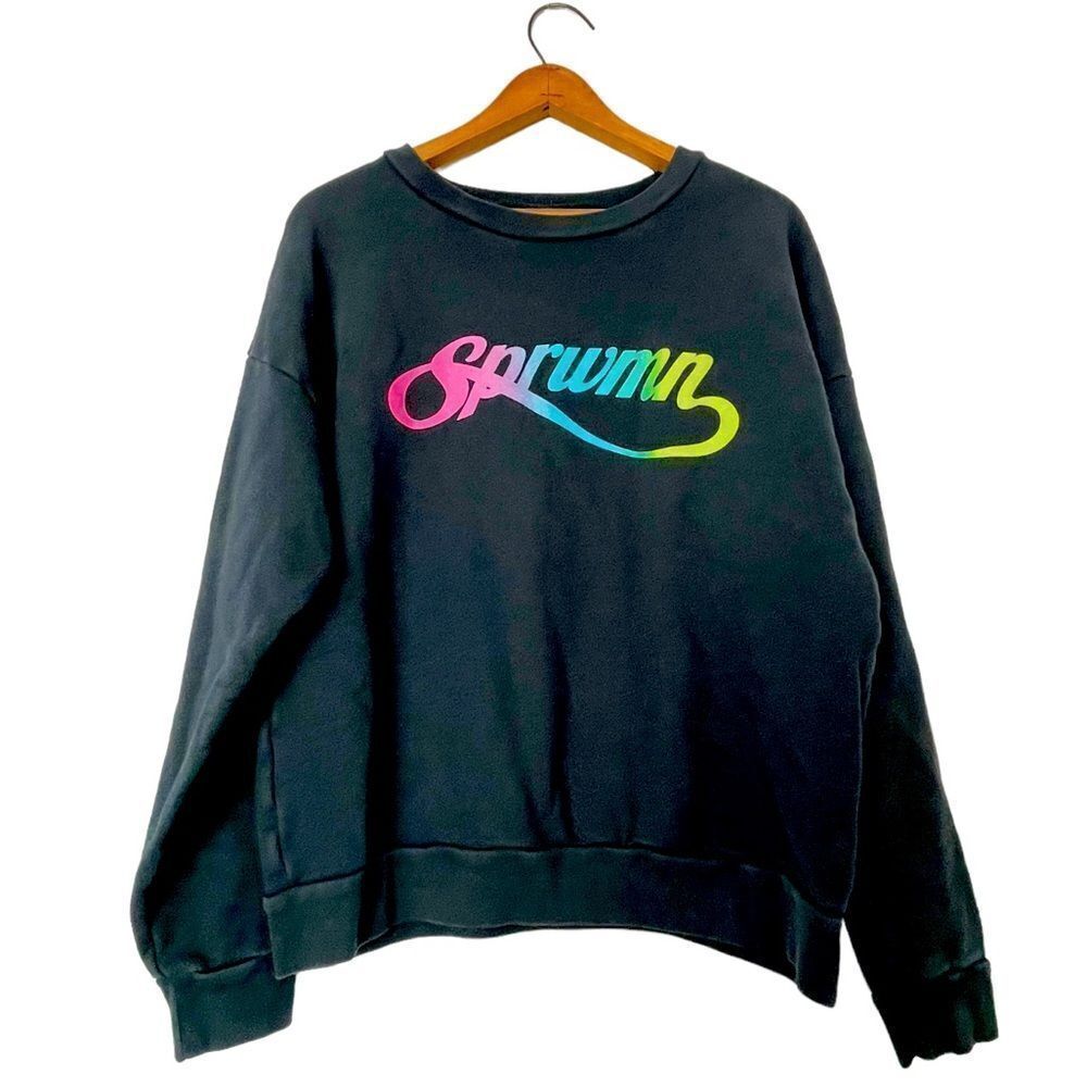 Sprwmn scoop neck black longsleeve rainbow spellout logo sweatshirt ladies small